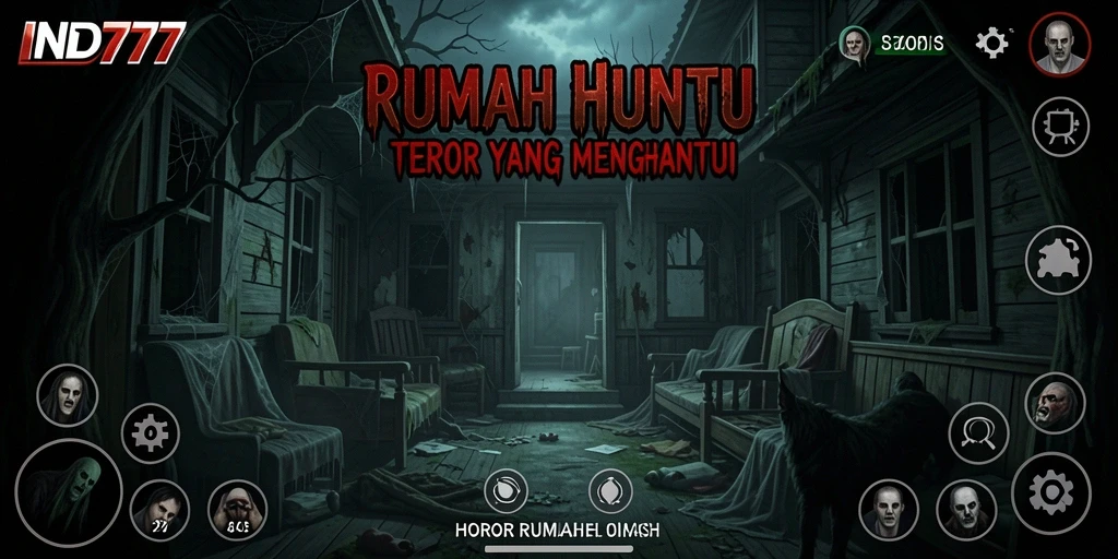 Antarmuka canggih game horor menegangkan dengan suasana menyeramkan.